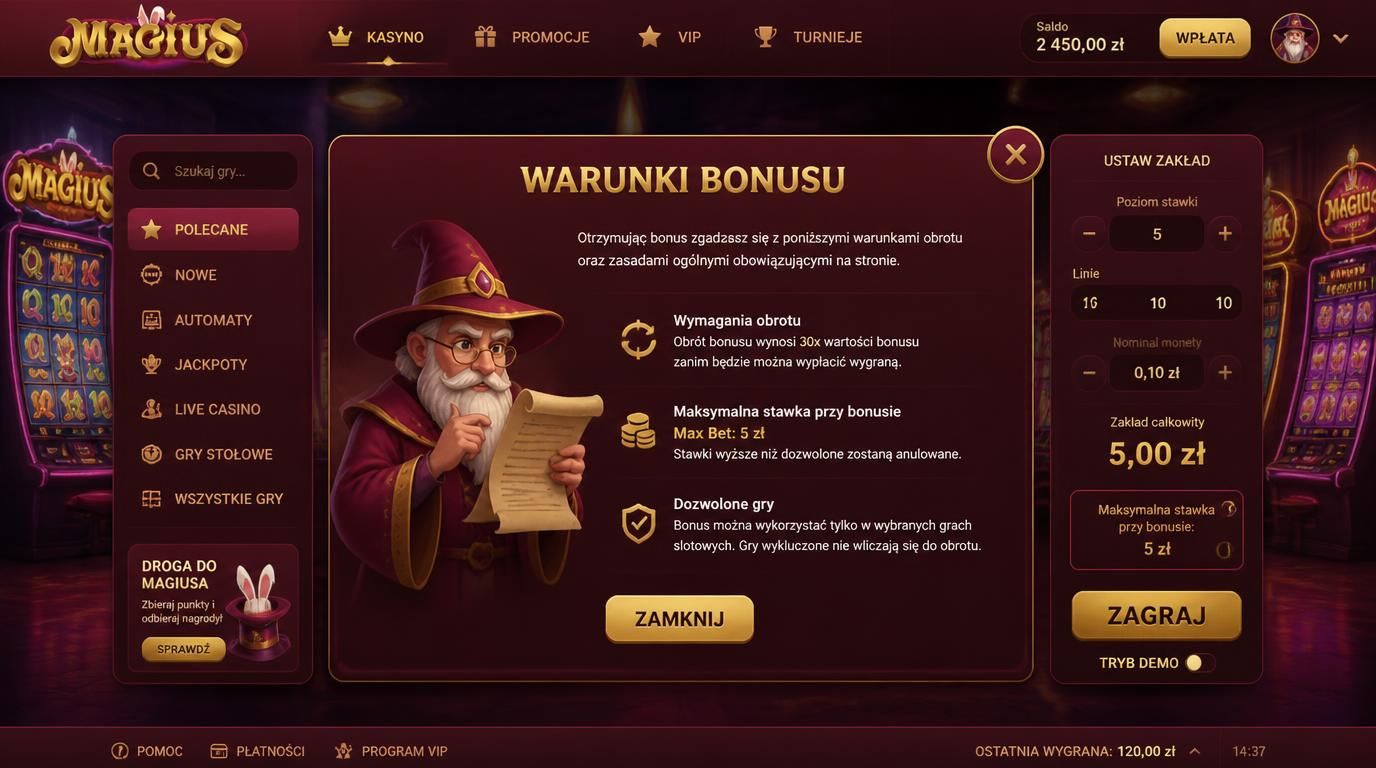 Warunki bonusu: limit stawki maksymalnej “5 zł” przy bonusie.