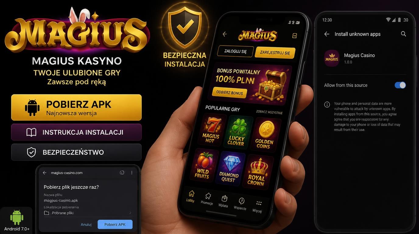 Telefon z obrazem instalacji APK Magius Casino, przycisk „Pobierz APK” i ikona bezpieczeństwa