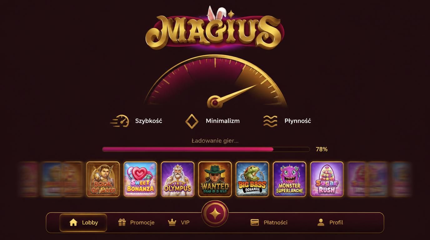 Wyświetlacz aplikacji Magius Casino pokazuje szybkie ładowanie i estetyczny, prosty interfejs