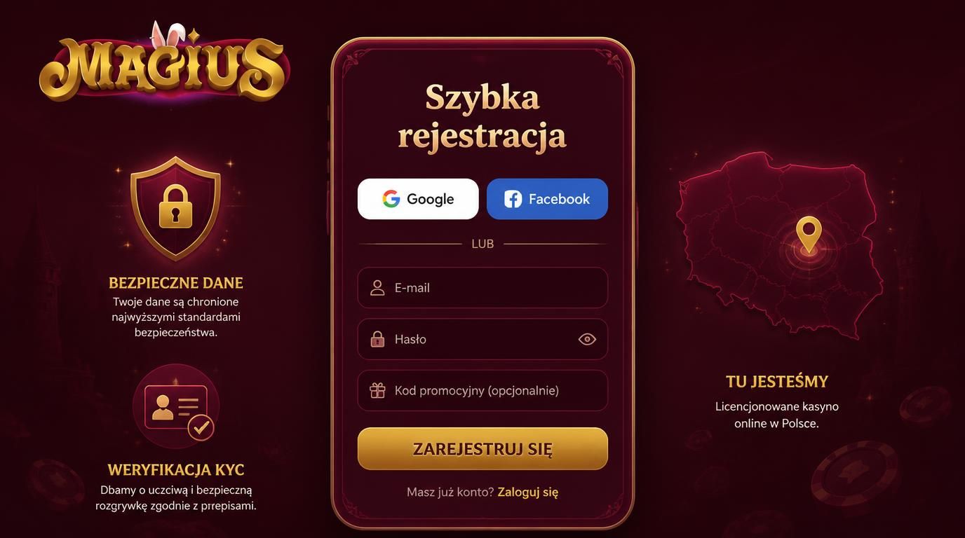 uproszczony formularz rejestracji z ikonami Google i ochrony danych na tle motywu kasyna.