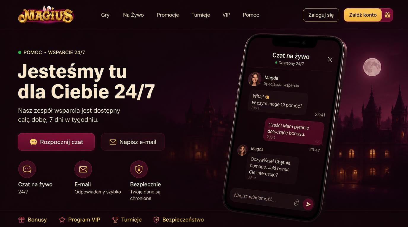 nocny ekran kasyna z czatem na żywo i wsparciem mailowym w ciemnym motywie.