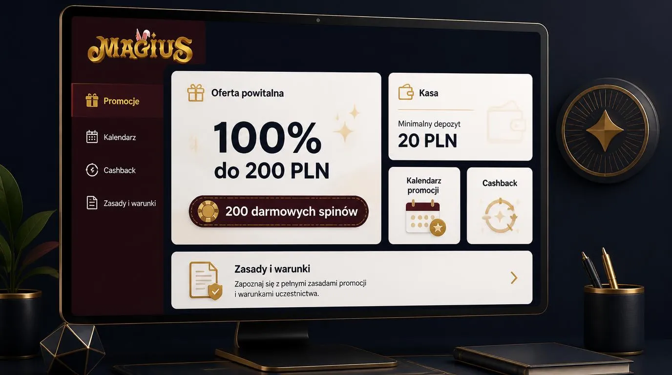 Panel oferty powitalnej 100% do 200 PLN i 200 darmowych spinów obok informacji o minimalnym depozycie 20 PLN