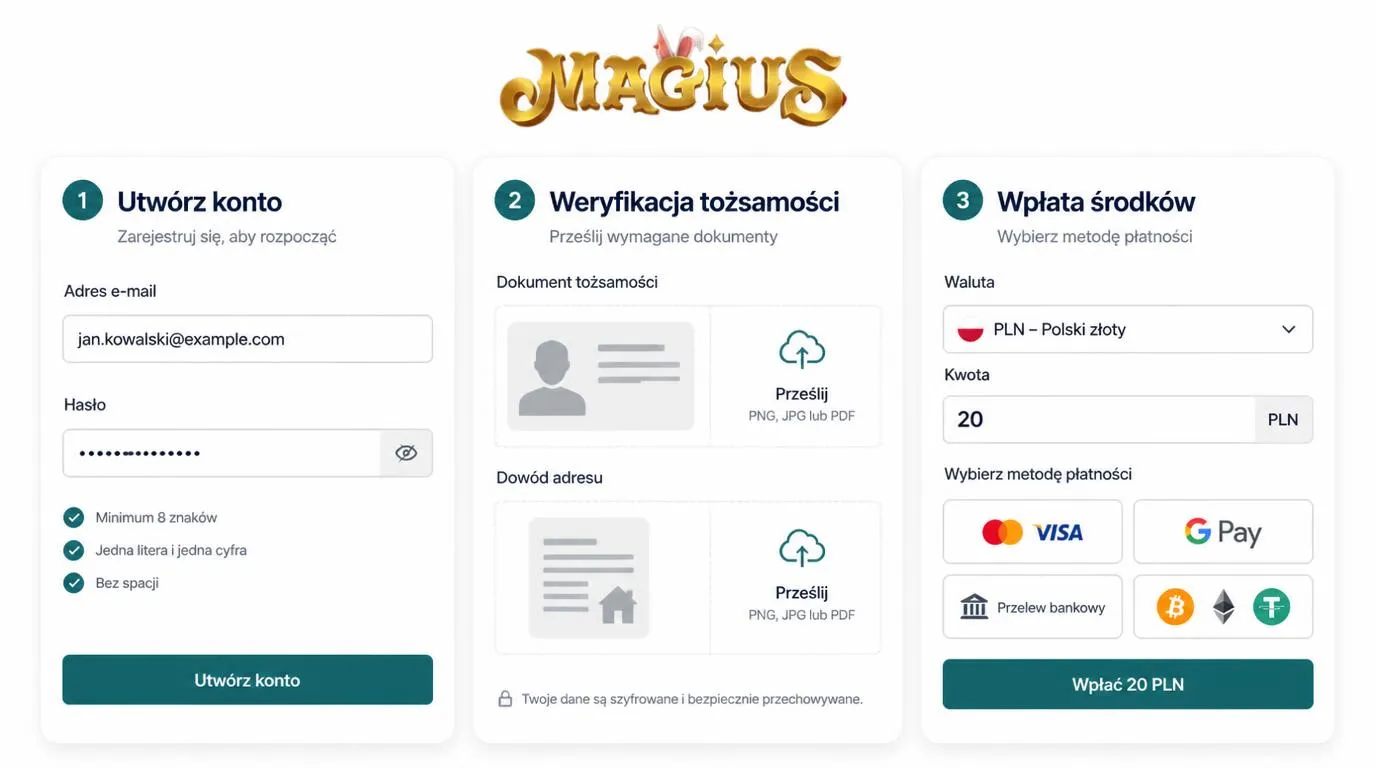 Panel rejestracji konta z etapami weryfikacji tożsamości i pierwszego depozytu w PLN