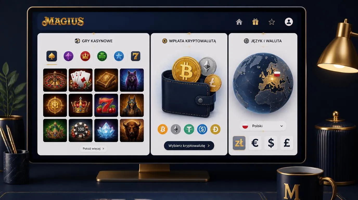 Koncepcyjny panel kasyna z katalogiem gier, symbolami kryptowalut oraz wyborem języków i walut